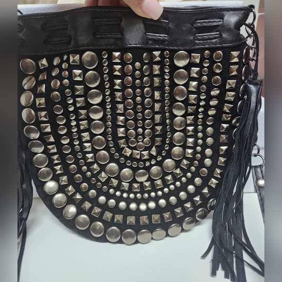 FOREVER 22 Black Vegan Leather Stud Drawstring Crossbody Bag - Picture 9 of 13